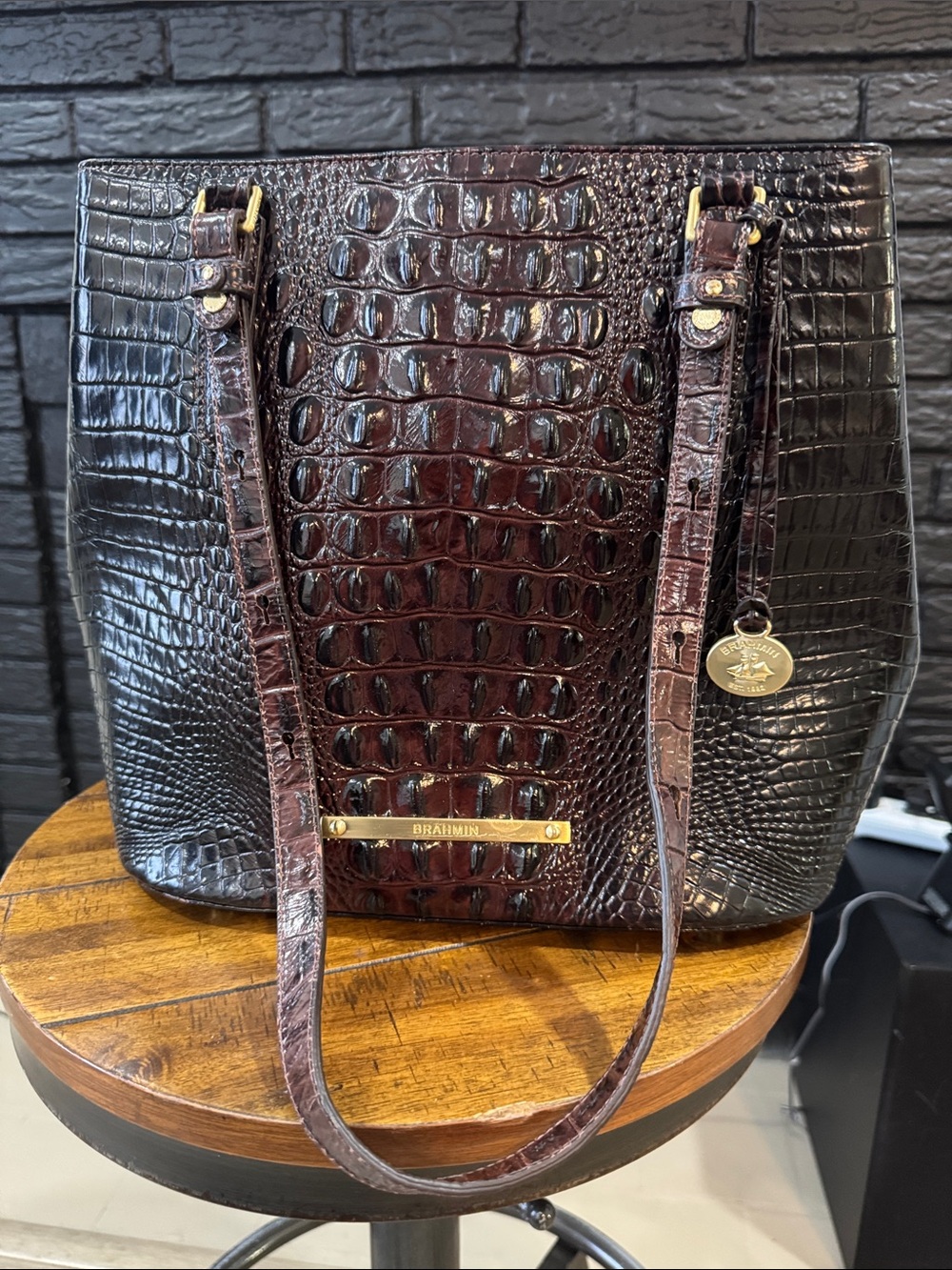 Brahmin Burgundy and Black Croc-Embossed Shoulder Bag